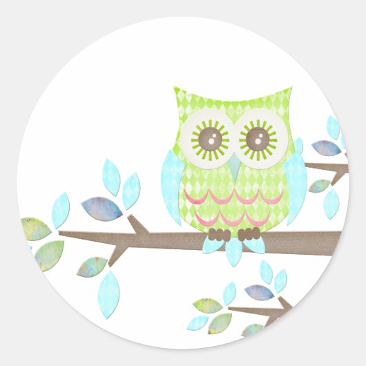 Heldere ogen Owl in de boom Ronde Sticker (Voorkant)