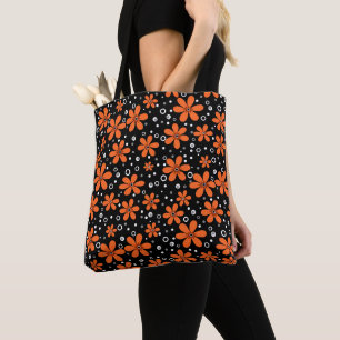 Heldere oranje bloemen op een zwarte achtergrond m tote bag