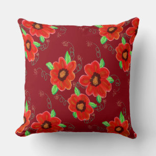 Heldere oranje rode bloemen op Dark Raspberry Kussen
