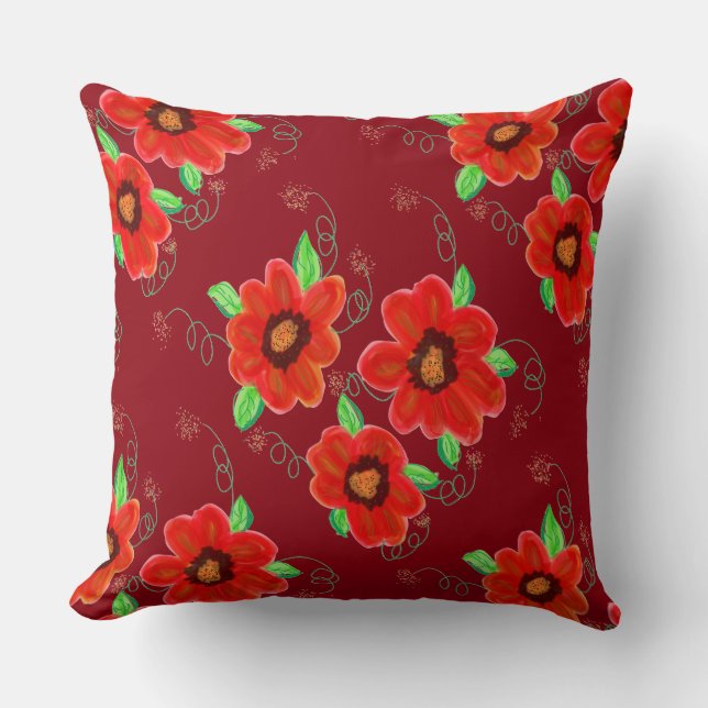 Heldere oranje rode bloemen op Dark Raspberry Kussen (Voorkant)