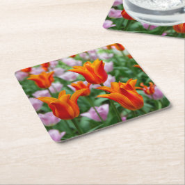 Heldere oranje tulpen in het park kartonnen onderzetters