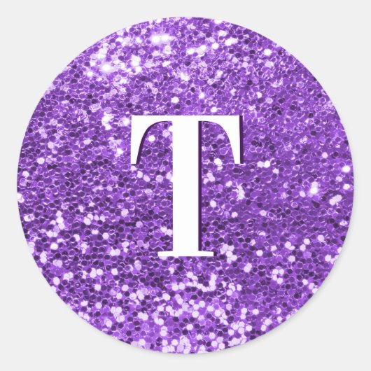 Heldere Paarse Chunky Glitter Monogrammed Ronde Sticker (Voorkant)