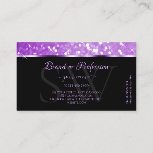 Heldere Paarse Glitter Sprankelende Sterren Monogr Visitekaartje (Achterkant)