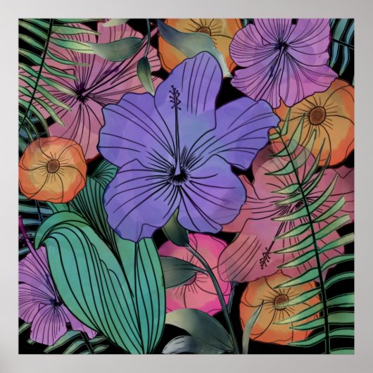 Heldere paarse hibiscus tropische bloemtuin poster (Voorkant)