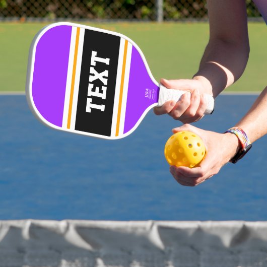Heldere Paarse Zwart Geel Wit Racing Stripes Pickleball Paddle (Insitu)