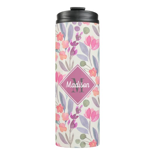 Heldere Pastels Bloemenpatroon met Monogram Thermosbeker (Voorkant)