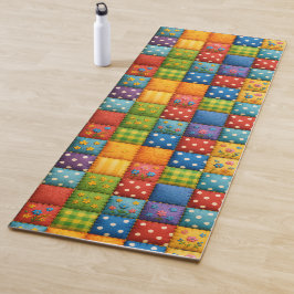 Heldere Patchwork Quilt Design in Regenboogkleuren Yogamat
