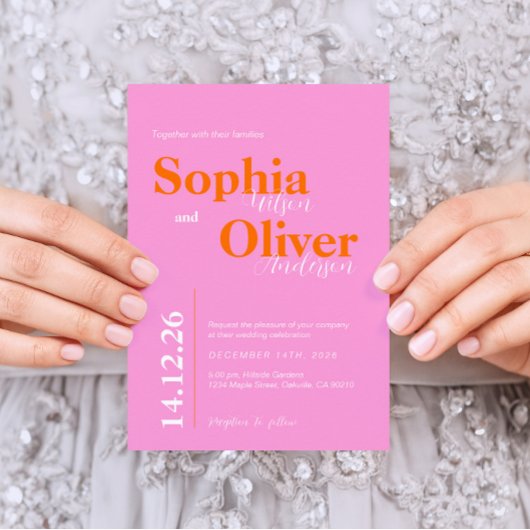 Heldere perzik en roze minimalistische bruiloft kaart