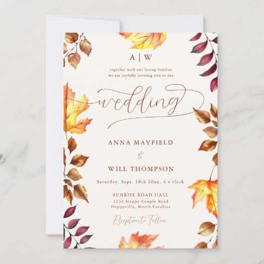 Heldere pompoen herfst blad monogram kuif bruiloft kaart (Voorkant)