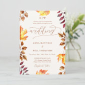 Heldere pompoen herfst blad monogram kuif bruiloft kaart (Staand voorkant)