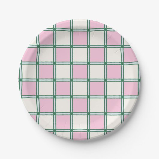 Heldere Preppy Roze, Blauwe en Groene Checkers Papieren Bordje (Voorkant)