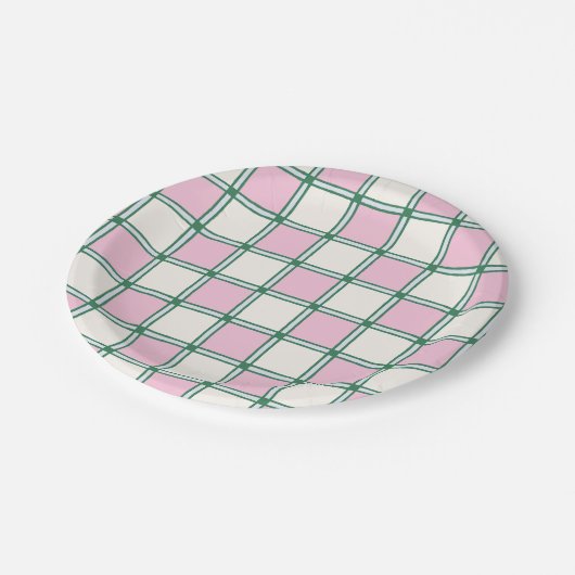 Heldere Preppy Roze, Blauwe en Groene Checkers Papieren Bordje (Gekanteld)