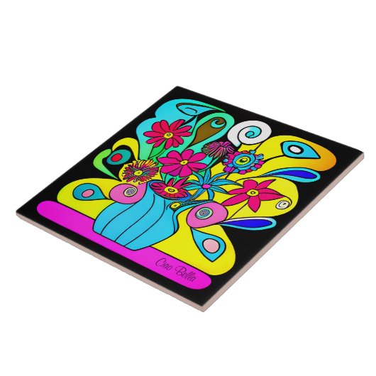 Heldere psychedelische bloemen tegeltje (Zijkant)