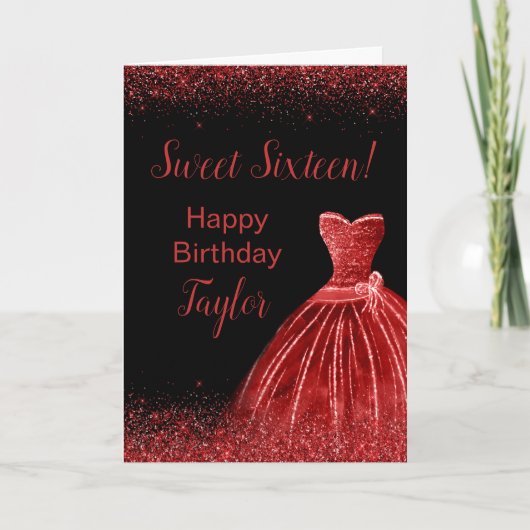 Heldere Red Dress Faux Glitter Sweet 16 verjaardag Kaart (Voorkant)