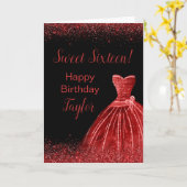 Heldere Red Dress Faux Glitter Sweet 16 verjaardag Kaart (Gele Bloem)