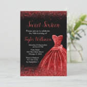 Heldere Red Dress Faux Glitter Sweet 16 verjaardag Kaart (Staand voorkant)