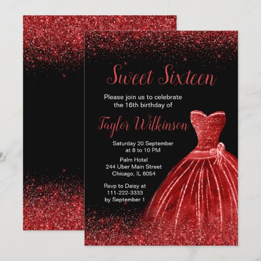 Heldere Red Dress Faux Glitter Sweet 16 verjaardag Kaart (Voorkant / Achterkant)