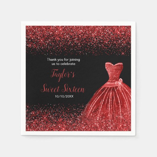 Heldere Red Dress Faux Glitter Sweet 16 verjaardag Servet (Voorkant)