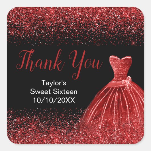 Heldere Red Dress Faux Glitter Sweet 16 verjaardag Vierkante Sticker (Voorkant)