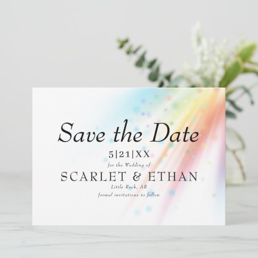 Heldere Regenboog Bubble Licht LGBTQ Bruiloft Save The Date (Staand voorkant)