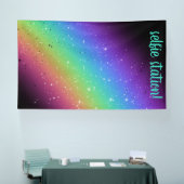 Heldere regenboog met achtergrond van het Selfie-s Spandoek (Beurs)