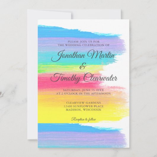 Heldere regenboog moderne vrolijke gay koppel brui kaart (Voorkant)