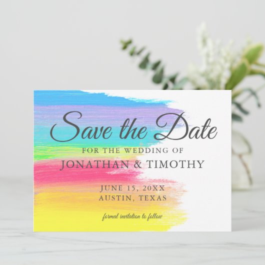 Heldere regenboog vrolijk modern save the date (Staand voorkant)