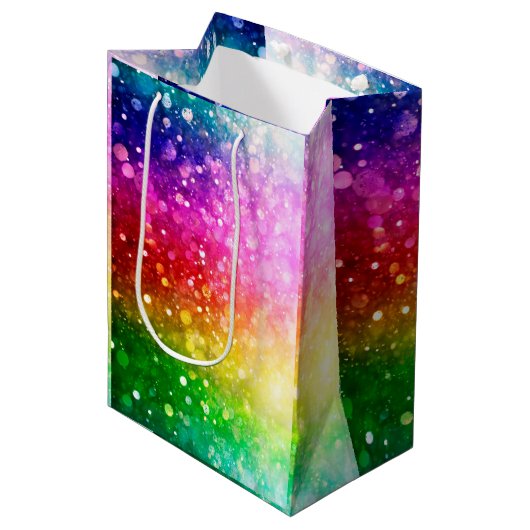 Heldere regenboogkleuren Bokeh Glitter Medium Cadeauzakje (Voorkant Gekanteld)