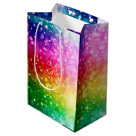 Heldere regenboogkleuren Bokeh Glitter Medium Cadeauzakje (Achterkant Gekanteld)