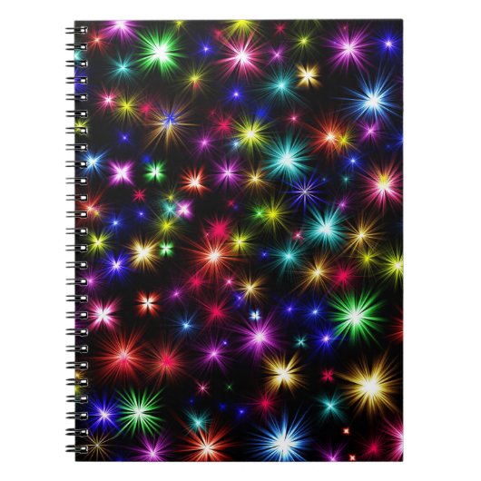 Heldere regenboogsparken, sterren en vuurwerk notitieboek (Voorkant)