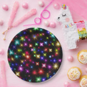 Heldere regenboogsparken, sterren en vuurwerk papieren bordje (Feest)