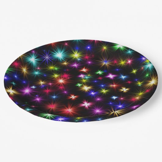 Heldere regenboogsparken, sterren en vuurwerk papieren bordje (Gekanteld)