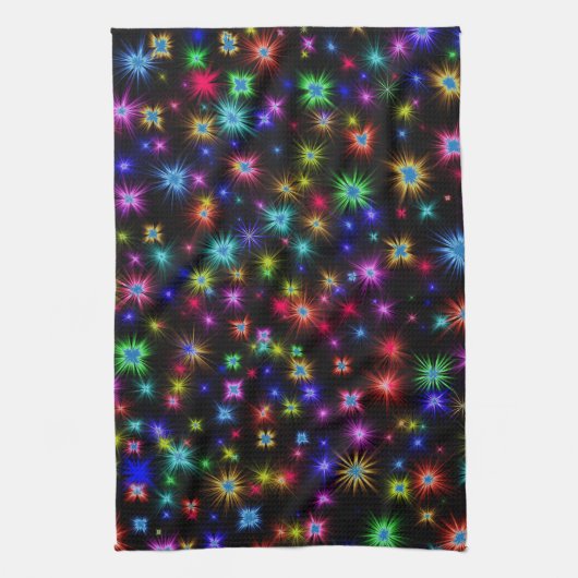 Heldere regenboogsparken, sterren en vuurwerk theedoek (Verticaal)