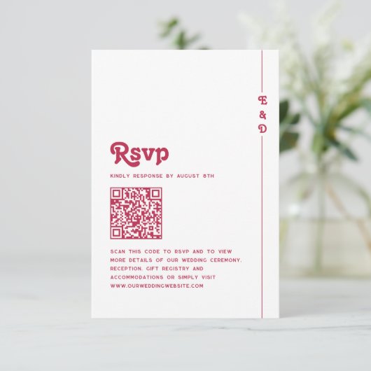 Heldere Retro Hot Roze QR Code Monogram Huwelijk RSVP Kaartje (Staand voorkant)