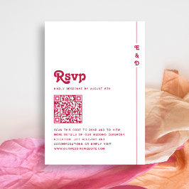 Heldere Retro Hot Roze QR Code Monogram Huwelijk RSVP Kaartje