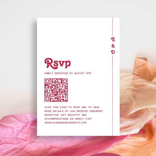 Heldere Retro Hot Roze QR Code Monogram Huwelijk RSVP Kaartje