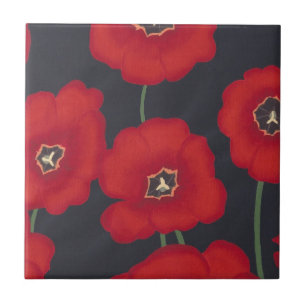 Heldere rode tulpen op zwart, Trivets Tegeltje