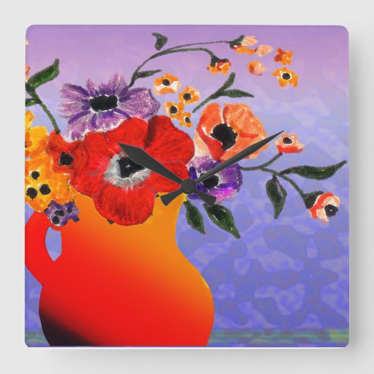 Heldere Rode Vaas van Bloemen Vierkante Klok (Voorkant)