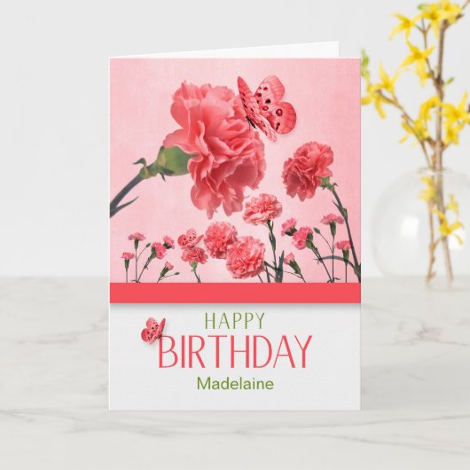 Heldere roze anjer Garden Birthday Kaart (Gele Bloem)