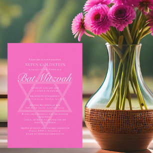 Heldere Roze Bat Mitswa Ster van David Party Kaart