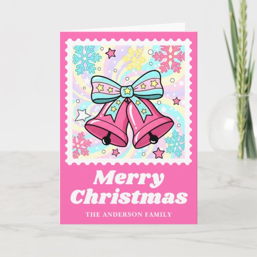 Heldere Roze Bells Postzegel Kerstmis Feestdagen Kaart (Voorkant)