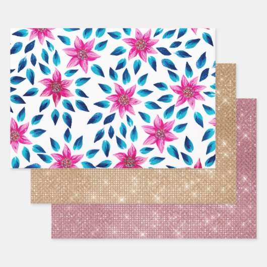 Heldere roze blauwe bloemen laten acrylverf achter inpakpapier vel (Set)