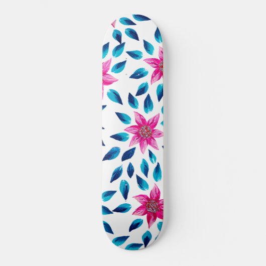 Heldere roze blauwe bloemen laten acrylverf achter persoonlijk skateboard (Voorkant)