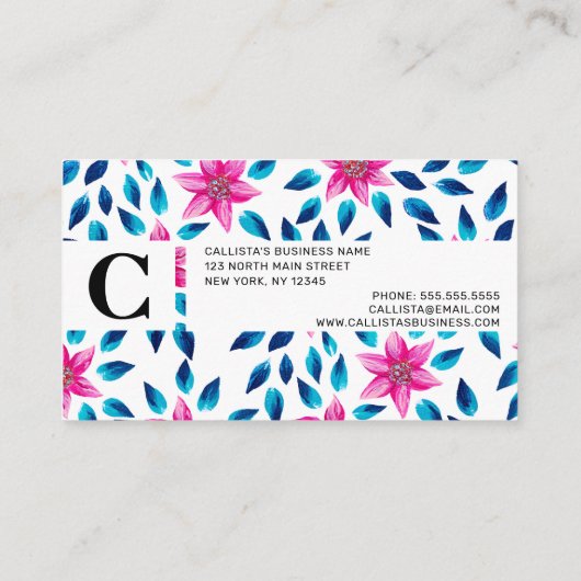 Heldere roze blauwe bloemen laten acrylverf achter visitekaartje (Achterkant)
