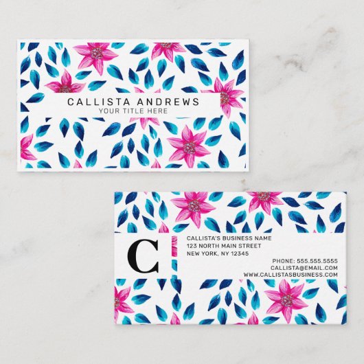 Heldere roze blauwe bloemen laten acrylverf achter visitekaartje (Voorkant / Achterkant)