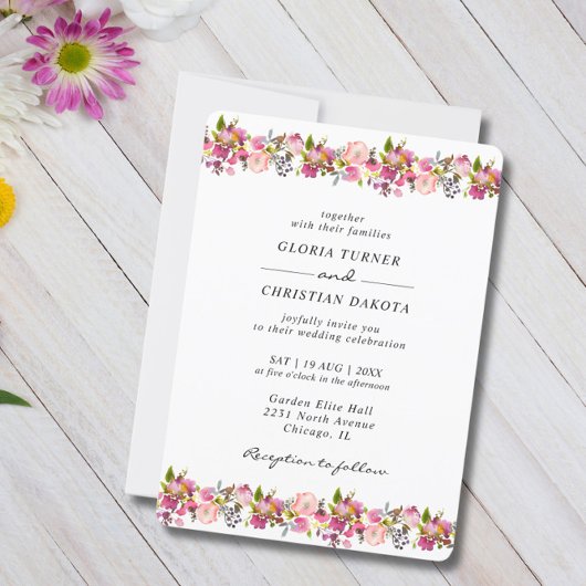 Heldere Roze Bloemen Border Wedding Ronde Randen Kaart