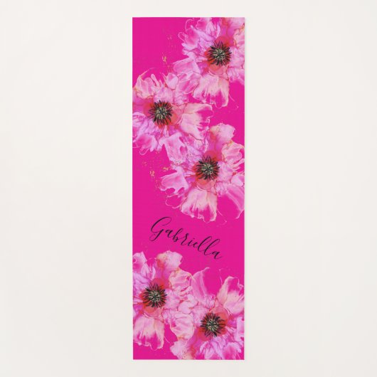 Heldere roze bloemen met naam yogamat (Voorkant)