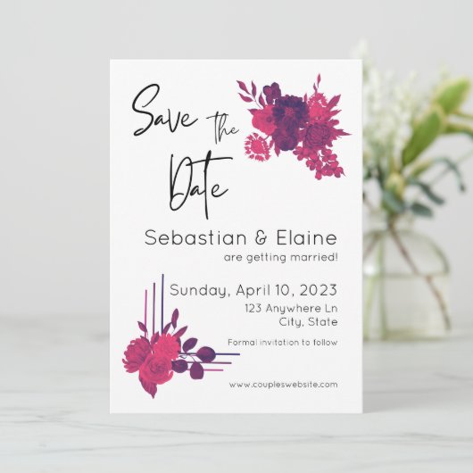Heldere Roze Bloemen & Romantische Magenta bruilof Save The Date (Staand voorkant)
