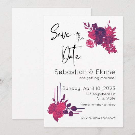 Heldere Roze Bloemen & Romantische Magenta bruilof Save The Date (Voorkant / Achterkant)