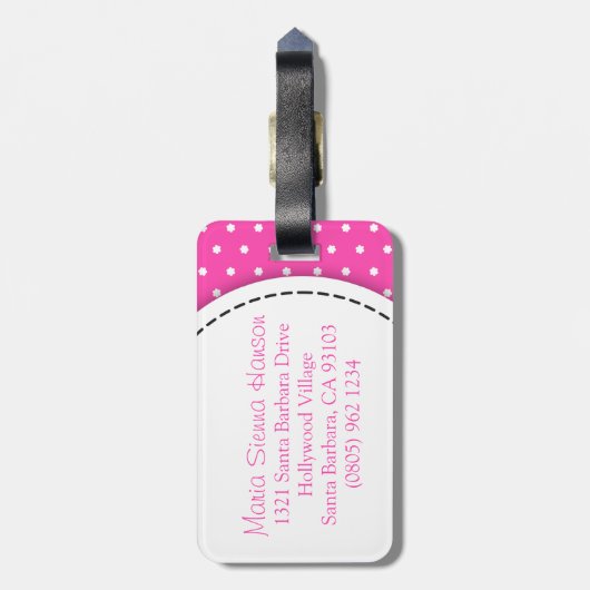 Heldere roze bloemkarkjes met de naam bagagelabel (Achterkant verticaal)